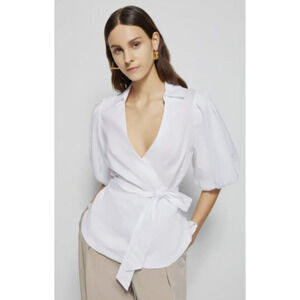JONATHAN SIMKHAI Waverly Bubble Sleeve Wrap Blouse Size S $265 Belted Preppy C2